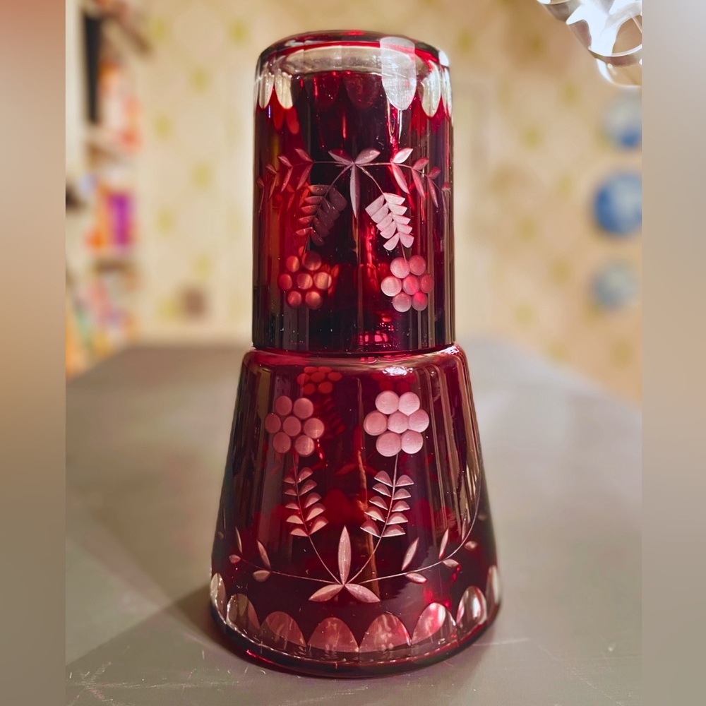 Czech Vintage Bohemian Ruby Cut Glass Bedside Water Crafe and Drinking Glass Set